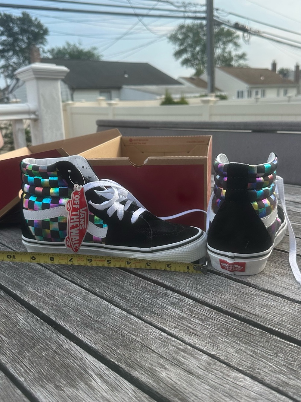 NWT Vans Black High-Top Sneakers with Iridescent Multicolor Checker